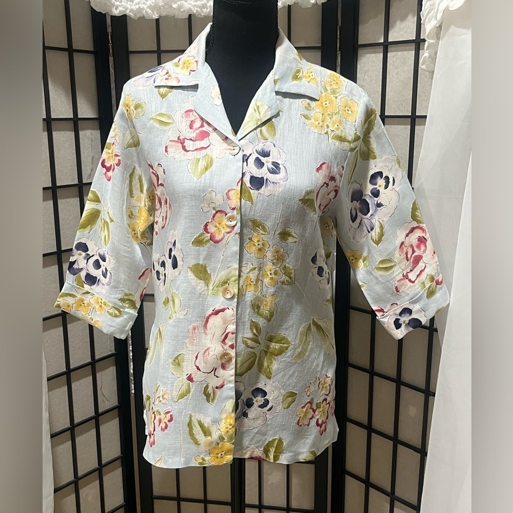 DAVID DART LINEN Floral Button-Up Shirt with Three-Quarter Sleeves, SIZE PS